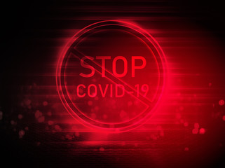 Dark red abstract coronavirus background. Neon pathogen on a brick wall. Covid-19. Stop coronavirus.