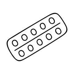 Pills blister pack vector icon hand-drawn with black stroke isolated on white background. Doodle logo of medical tablet