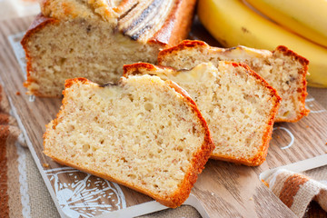 Sliced homemade banana bread, selective focus