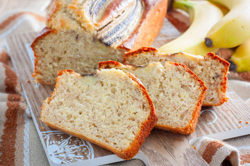 Sliced homemade banana bread, selective focus
