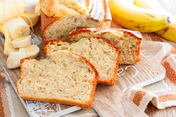 Sliced homemade banana bread, selective focus