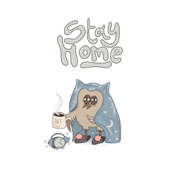 Stay Home poster. slogan lettering print with cute owl. vector