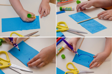 stages of creating a children's craft flag from colored paper