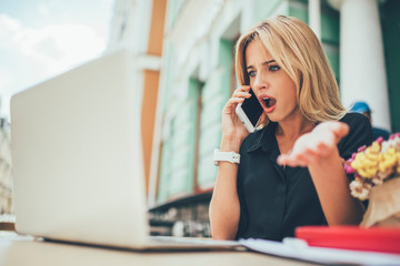 Puzzled female freelancer calling to colleague for solving problems in online mode shocked with received bad news, amazed unhappy woman making international conversation via cellphone application