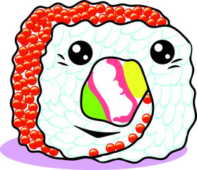 Cute characters: Sushi, Sashimi and Rolls with eyes and smile. Roll with vegetables, salmon and roe. Set of hand drawn japanese food illustrations art in cartoon, doodle style