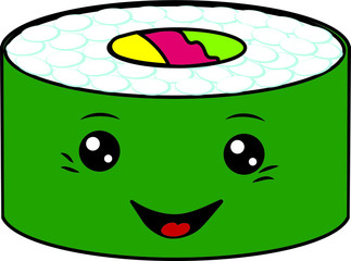 Cute characters: sushi, rolls, rice with eyes and a smile. Kawaii Drawn art illustration of japanese food in cartoon doodle style. Baby sushi menu.