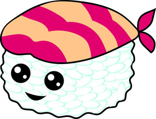 Vector graphics.Sushi, sashimi and rolls with eyes and a smile. Sushi with fish. Illustration of japanese food art in cartoon doodle style.