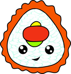 Cute characters: sushi, rolls, rice with eyes and a smile. Kawaii Drawn art illustration of japanese food in cartoon doodle style. 