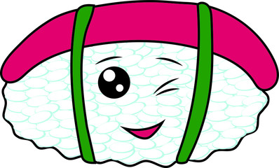 Vector illustration. Sushi, rice, fish, vegetables and sauce. With eyes and a smile, winks. Japanese food art in cartoon doodle style. Baby sushi menu.