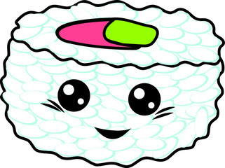 
Sushi, rolls, rice with eyes and a smile. Kawaii Lovely illustrations. Drawn art illustration of japanese food in cartoon doodle style. Vector graphics.
