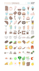 Pack of food and drinks icons. Sweets, bread, coffee, meat, fish and vegetables