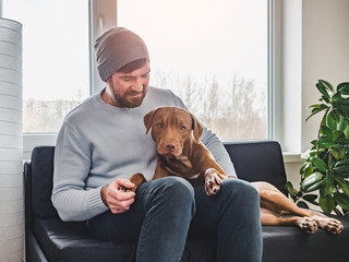 Handsome man and a charming puppy. Close-up, indoors. Studio photo, white color. Concept of care, education, obedience training and raising pets