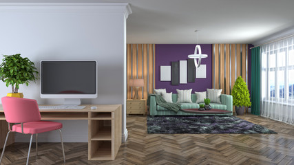 Naklejka na ściany i meble Interior of the living room. 3D illustration
