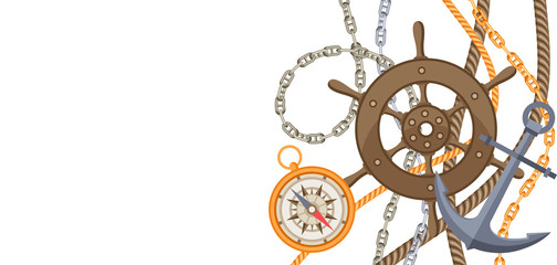 Obraz premium Nautical background with sailing items, ropes and chains.