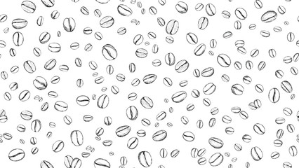 Drawn coffee bean seamless background. Pattern with falling coffee beans. Food doodle sketch backdrop