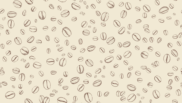 Coffee bean seamless background. Pattern with falling coffee beans. Food doodle sketch backdrop