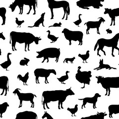 Livestock seamless pattern. Farm animals background. Farm animals silhouette vector set.
