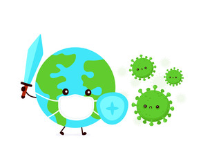 Cute Earth planet in mask fight with coronavirus