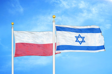 Poland and Israel two flags on flagpoles and blue cloudy sky