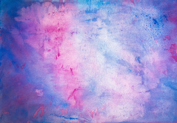 Blurred watercolor painted heavenly or outer space in blue and pink colors. Watercolor drawing