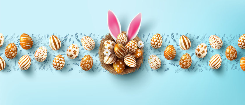 Easter poster background template with Easter eggs in the nest on light blue background. Greetings and presents for Easter Day.vector illustration eps 10