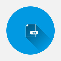 PDF icon. Downloads pdf document. Vector colored icon on blue background. Flat image with long shadow.