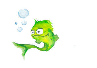 Watercolor painted green cartoon fish blowing bubbles. Drawing on a white background.