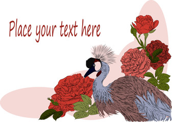 Vector sketch. There is a space in the center of the card for your text. Image of a bird and rose flowers.