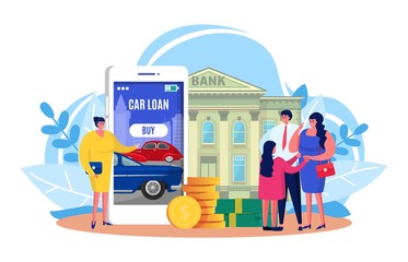 Fototapeta premium Auto car loan vector illustration. Cartoon tiny family people got bank approved credit for buying new automobile. Mortgage approval, business contract conclusion online concept icon isolated on white