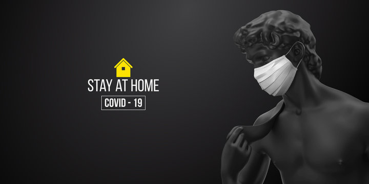 Novel coronavirus COVID-2019. Black statue of David symbolizes masked man on a black background. Virus 2019-nCoV logo. Stay at home challenge. Medical mask and virus protection. Vector illustration