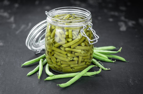 Canned Green Beans (close-up shot; selective focus)