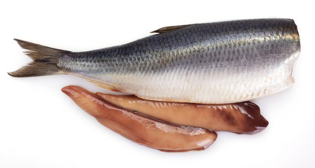 Salted herring on white background