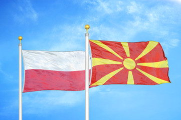 Poland and North Macedonia two flags on flagpoles and blue cloudy sky