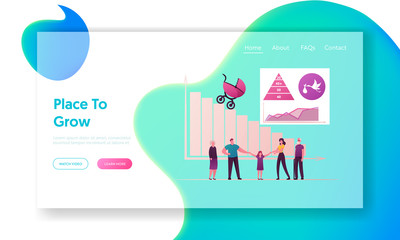 Decreasing Birth Rate, Fertility and Population Control Landing Page Template. Family Characters with Child, Stroller and Declining Bar Graph, Statistics Charts. Cartoon People Vector Illustration
