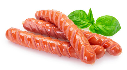 Grilled sausages on white background
