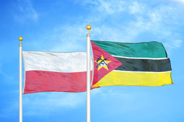 Poland and Mozambique two flags on flagpoles and blue cloudy sky