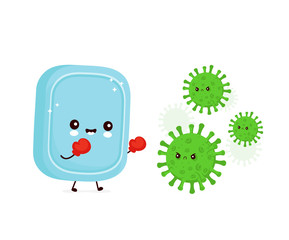Cute happy smiling soap fight with virus