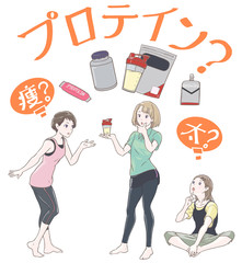 プロテインについてフィットネスジムでおしゃべりする女性達