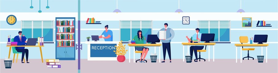 Business people in working process activity vector illustration. Cartoon flat man woman employee, boss character sitting at table in office interior, businessman planning, solving work task on laptop