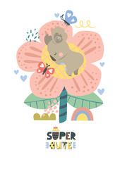 Vector illustration with cute koala, butterflies, flowers and rainbow. Excellent for the design of postcards, posters, stickers and so on.