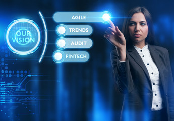 Business, Technology, Internet and network concept. Young businessman working on a virtual screen of the future and sees the inscription: Our vision