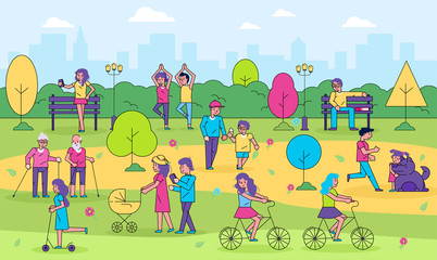 Obraz na płótnie Canvas People in city park outdoor activity vector illustration. Cartoon active line flat woman man characters have fun walking together, do sport exercises, cycling, resting. Healthy lifestyle background