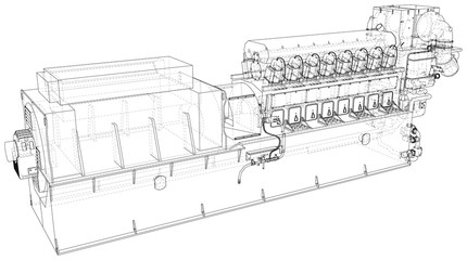 Generator. Diesel and gas industrial electric generator. The layers of visible and invisible lines are separated. Wire-frame outline.