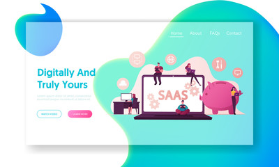 Saas Software as a Service Landing Page Template. Cloud Application Access Internet Subscription Basis Centrally Hosted on-demand Software. Male Female Cartoon People Characters Vector Illustration