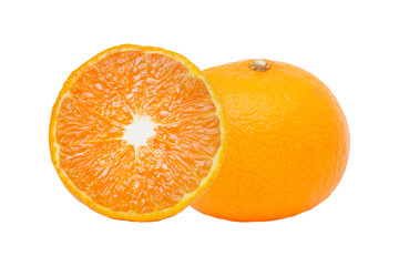 Fresh orange fruit and orange slices isolated on white background.