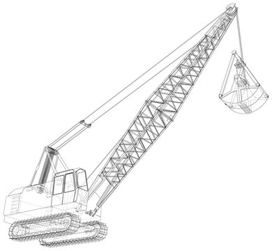 recommend clip art: Dragline excavator. The layers of visible and invisible lines are separated. The layers of visible and invisible lines are separated. Wire-frame outline.