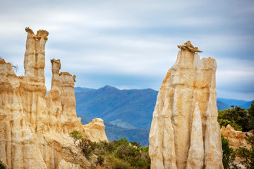 Natural chimneys made up of columns of soft rock, eroded by rain in Les Orgues d'illes sur Tet. Languedoc Roussillon, France