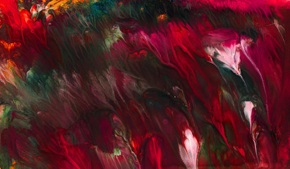 Multicolor bright red, green, pink paint splashes, abstract drawing.