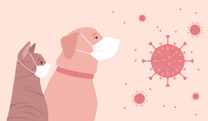 Pets quarantined due to COVID-2019 coronavirus. Cat and dog in medical masks next to a flying virus