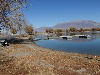 Jesień w parku w górach nad jeziorem